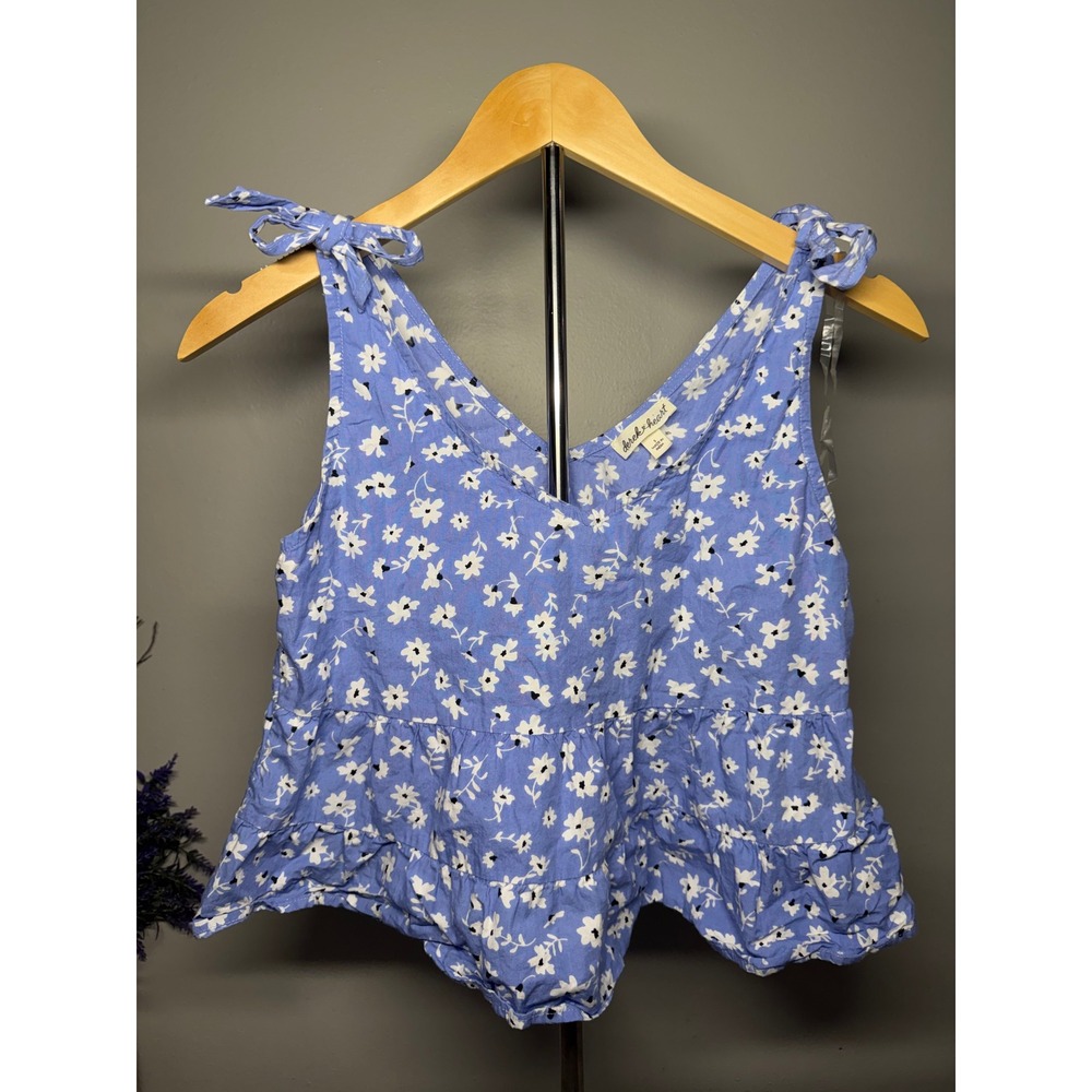 Derek Heart Blue Floral Tie Shoulder Peplum Tank Top V-Neck Ruffle Blouse Small